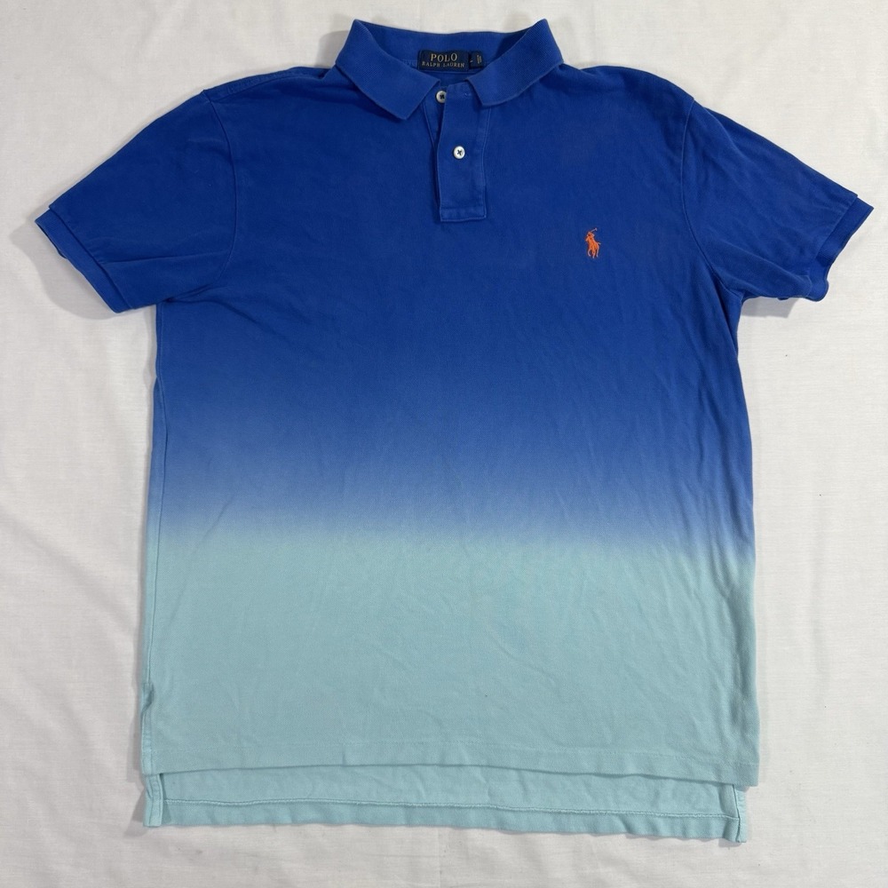 Polo Ralph Lauren Polo Shirt Mens L Blue Ombre Cotton Dip Dye Preppy Summer